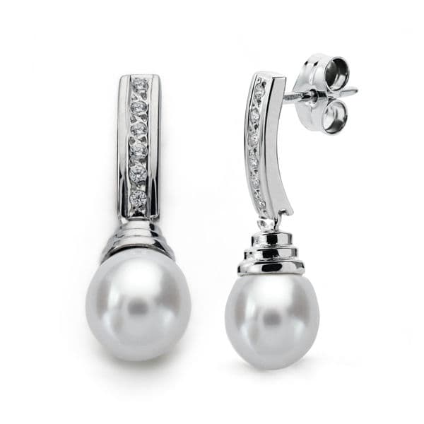 9K Pendientes Oro Blanco Perla 24X7 Mm Cierre Presion