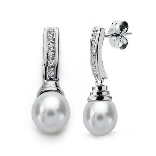 9K Pendientes Oro Blanco Perla 24X7 Mm Cierre Presion