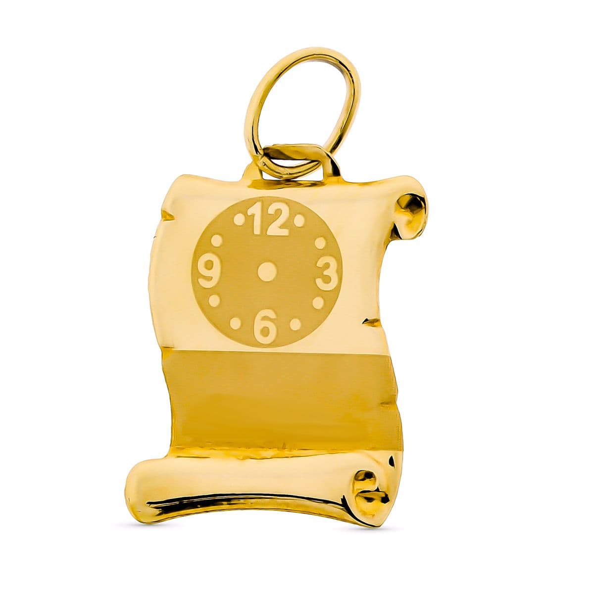 9K Colgante Colgante Pergamino Oro Amarillo Reloj Grabado. 15X11 Mm