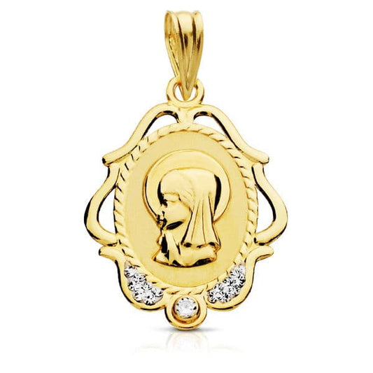 9K Medalla Oro Amarillo Virgen Niña Cerco Calado Circonita 22X16 Mm