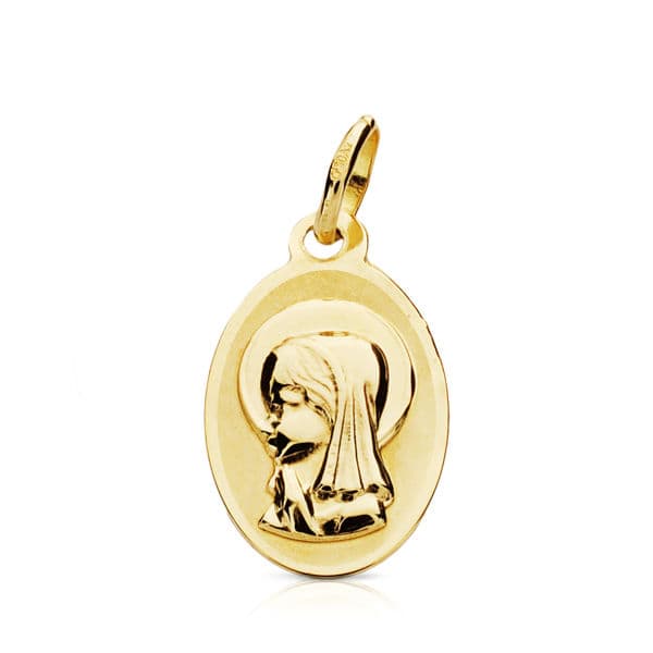 9K Medalla Oro Amarillo Virgen Niña Oval. 17X10 Mm
