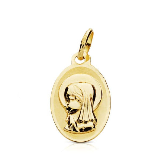 9K Medalla Oro Amarillo Virgen Niña Oval. 17X10 Mm