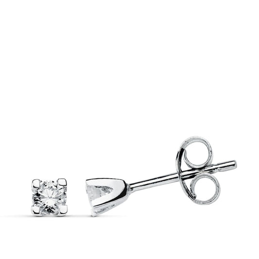 9K Pendientes Oro Blanco Diamantes 4 Garra 0.12 Cts Si-H Cierre Presion