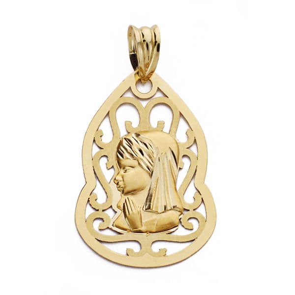 9K Medalla Oro Amarillo Virgen Niña Calada 27X18 Mm