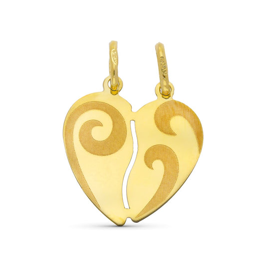 9K Colgante Oro Amarillo Corazon Partido Mate Con Volutas 17X15 Mm