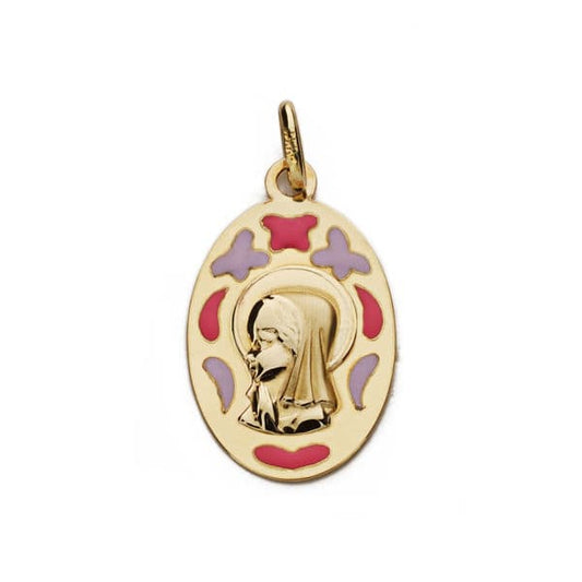 9K Medalla Oro Amarillo Virgen Niña Esmalte 9K 21X13 Mm
