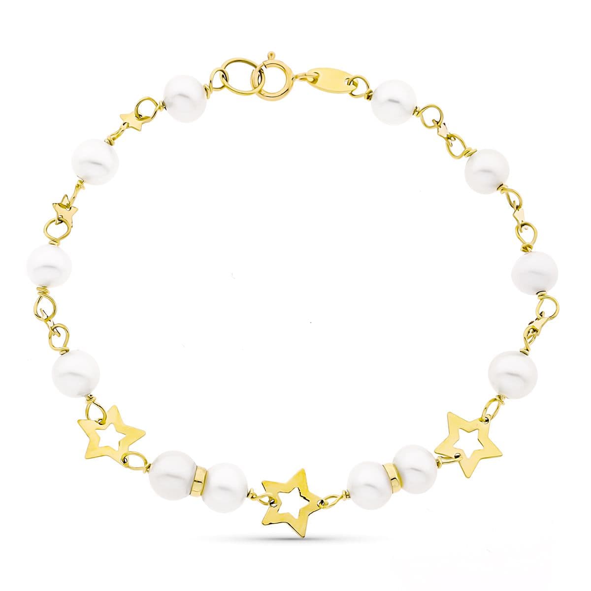 9K Pulsera Oro Amarillo Con Perla De 5 Mm Y Estrellas Caladas. 17Cm