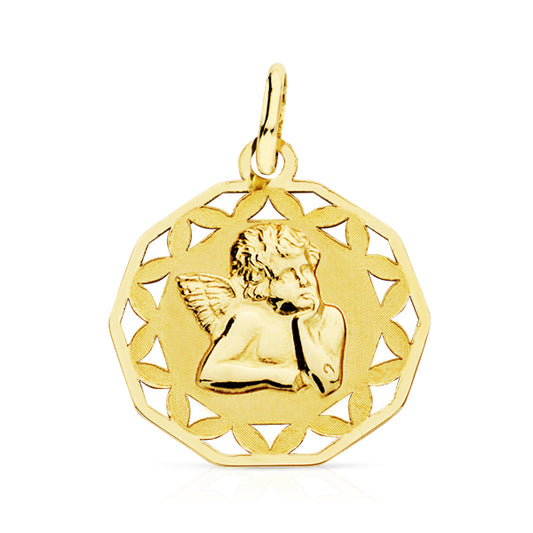 9K MEDALLA ORO AMARILLO ANGELITO BURLON CERCO CALADO 18X16 MM