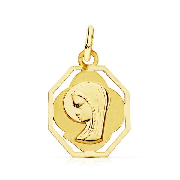 9K Medalla Oro Amarillo Virgen Niña Cerco. 15X13 Mm