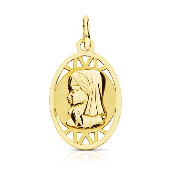 9K Medalla Oro Amarillo Virgen Niña Oval. 21X12 Mm