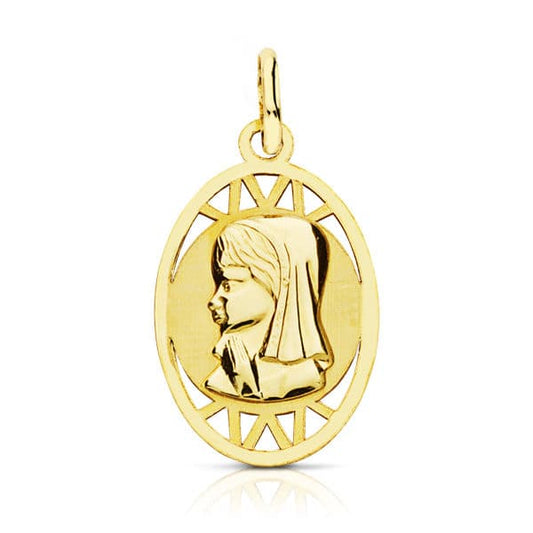 9K Medalla Oro Amarillo Virgen Niña Oval. 21X12 Mm