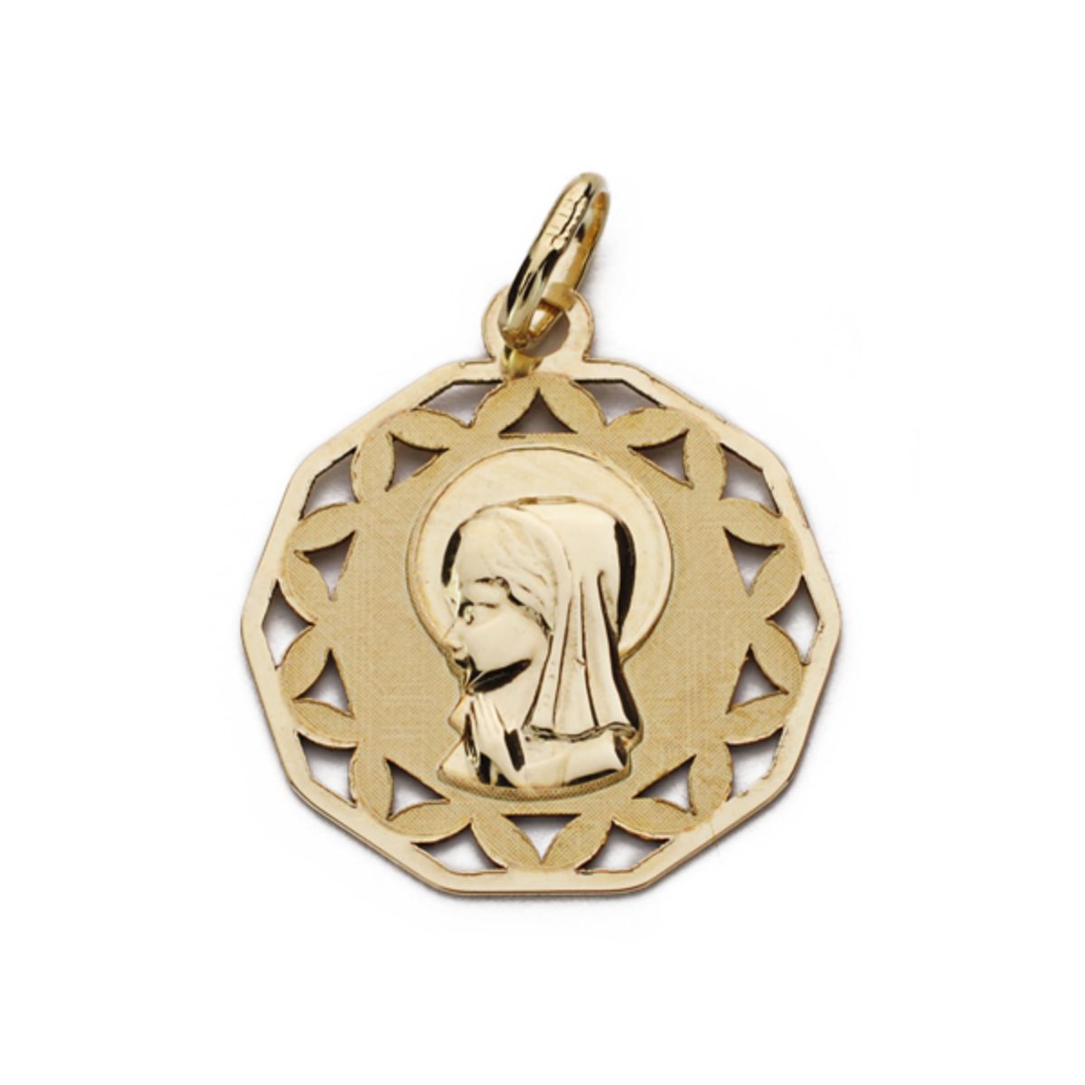 9K MEDALLA ORO AMARILLO VIRGEN NIÑA CALADA MATE Y BRILLO 17X17 MM