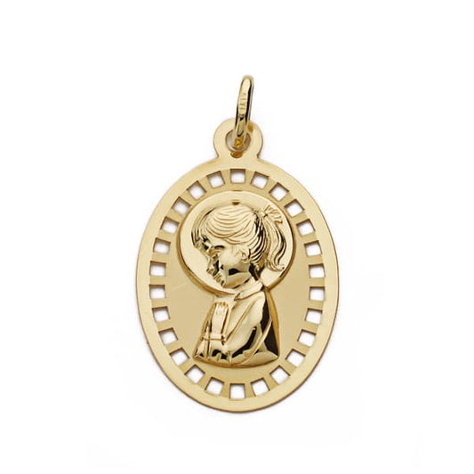 9K Medalla Oro Amarillo Virgen Niña Calada 23X14 Mm