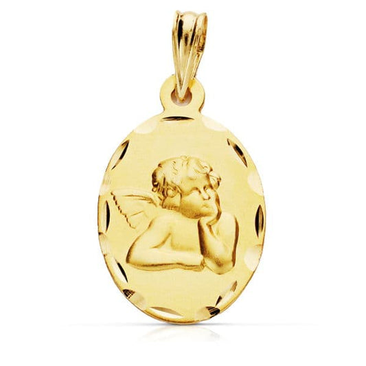 9K Medalla Oro Amarillo Angel Burlon Oval 23X14 Mm
