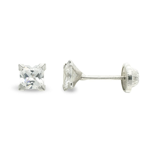 9K Pendientes Oro Blanco Circonita 3Mm 4 Garras Cierre Tuerca
