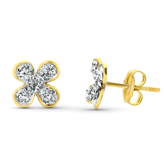 9K Pendientes Oro Amarillo Flor Piedras 9X9 Mm Presion