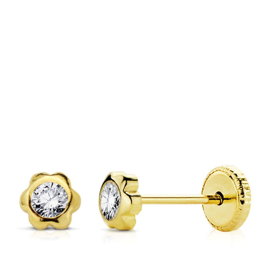 9K PENDIENTES ORO AMARILLO MARGARITA CON CIRCONITA 5X5 MM CIERRE TUERCA