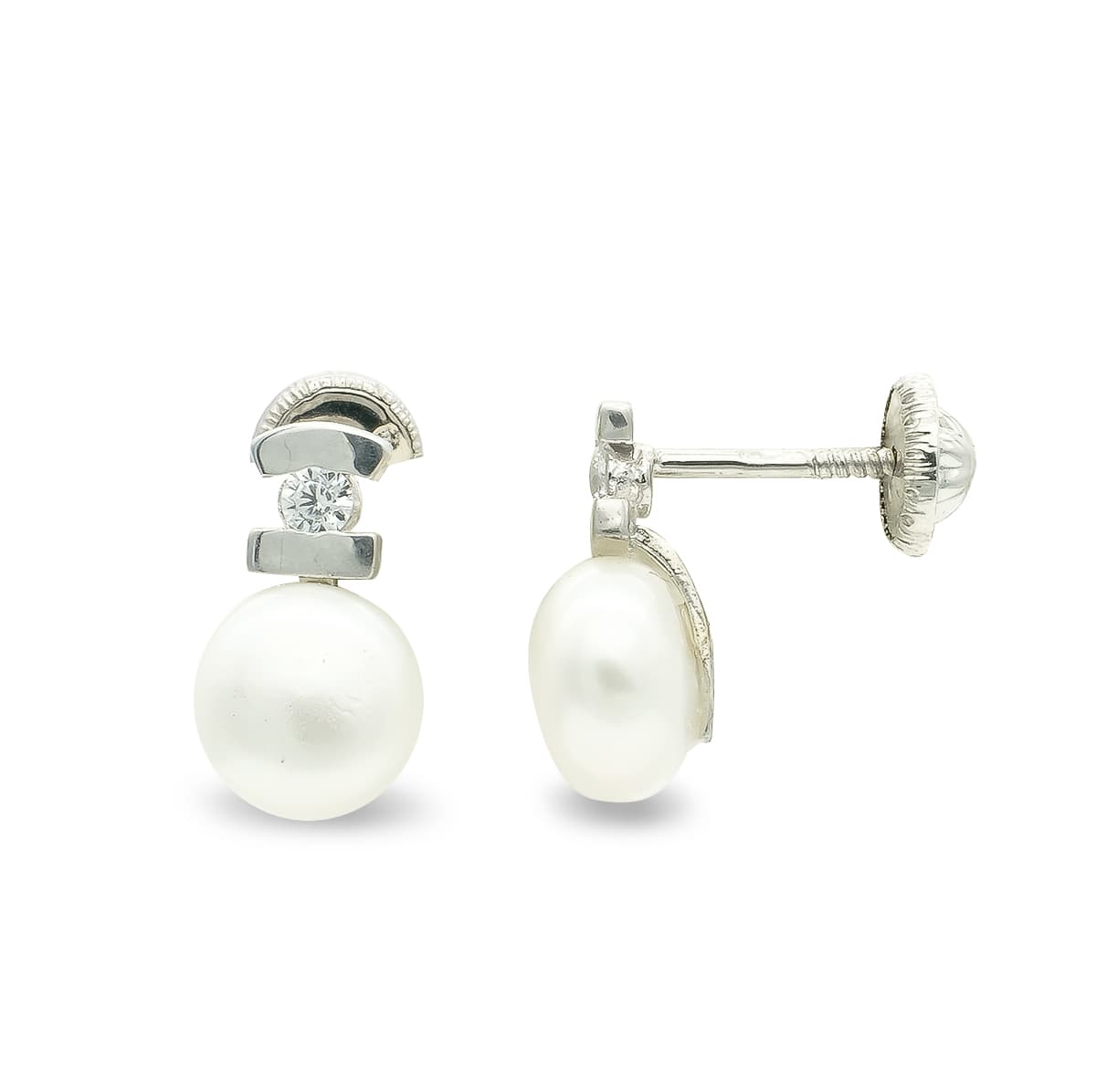 9K Pendientes Oro Blanco Perla Circonita 10X6 Mm Cierre Tuerca