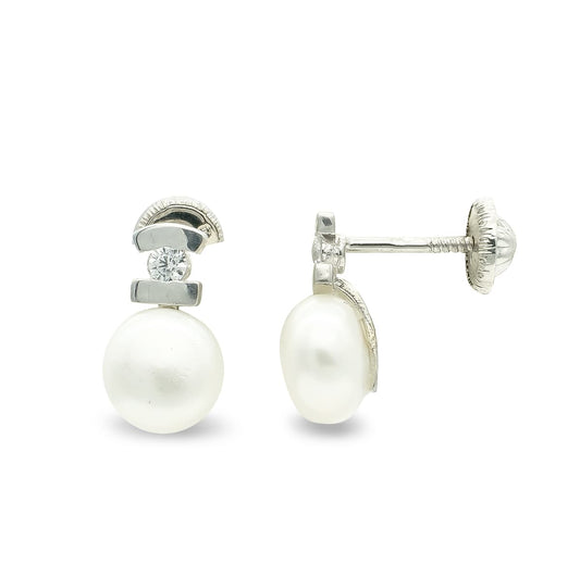 9K Pendientes Oro Blanco Perla Circonita 10X6 Mm Cierre Tuerca