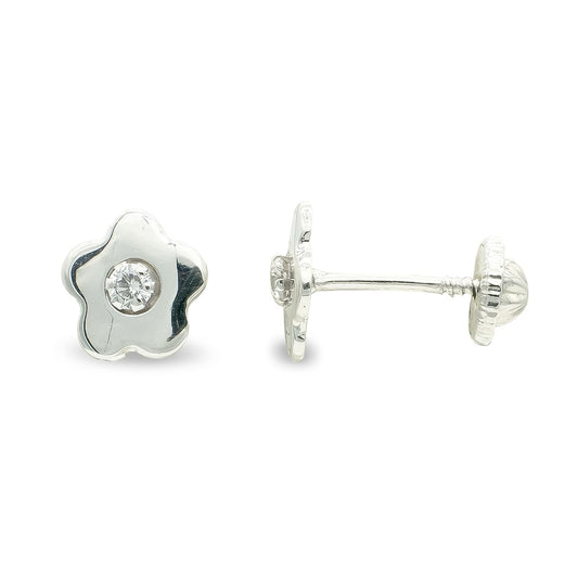 9K Pendientes Oro Blanco Flor 7 Mm Circonita Tuerca Cierre Tuerca