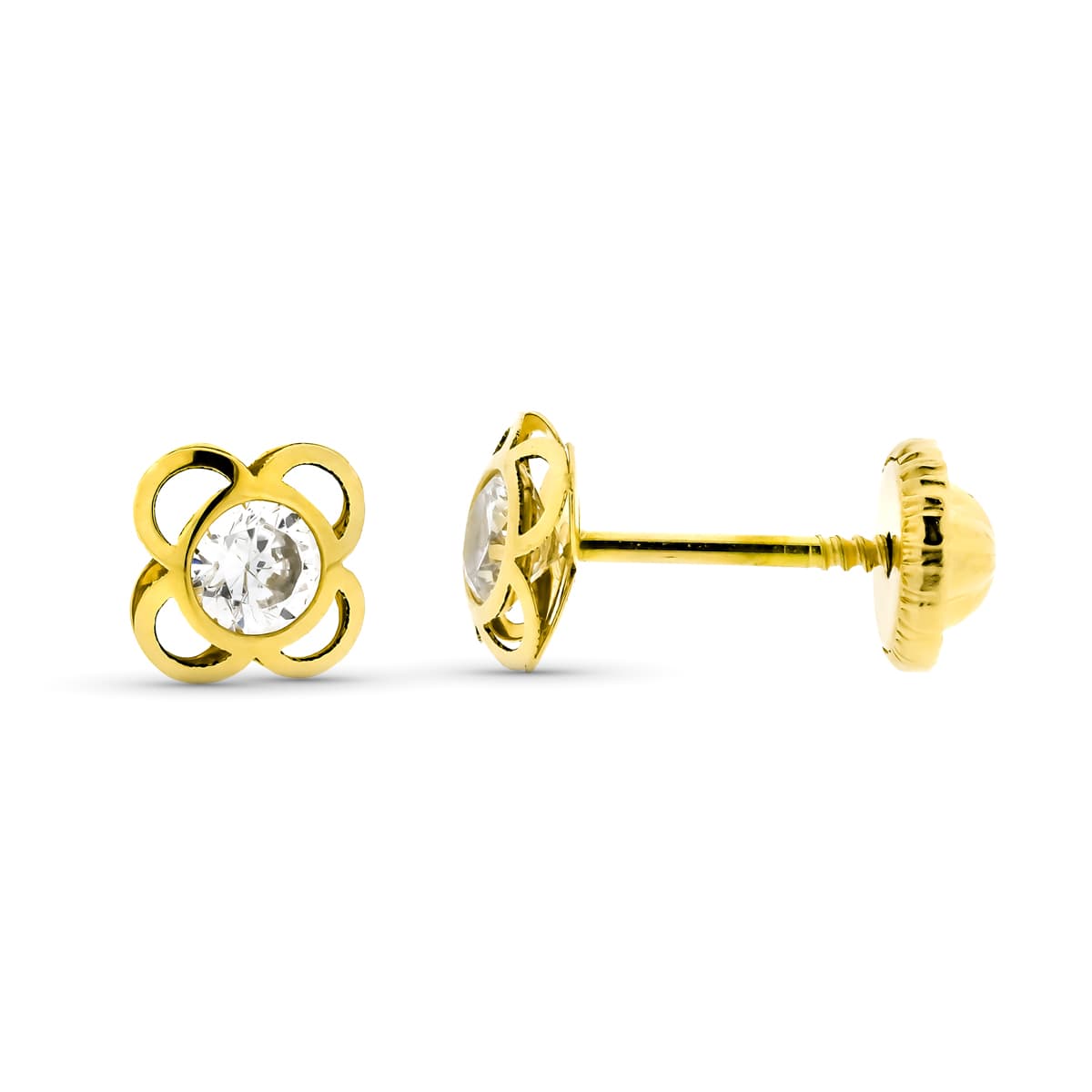 9K Pendientes Oro Amarillo Flor 4 Petalos Con Piedra Cierre Tuerca