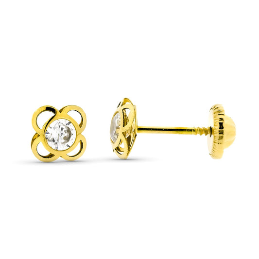 9K Pendientes Oro Amarillo Flor 4 Petalos Con Piedra Cierre Tuerca