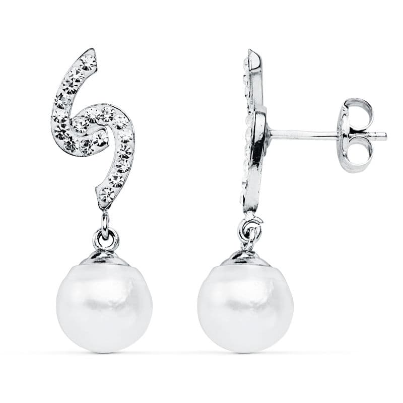 9K Pendientes Oro Blanco Perla 8 Mm 24X6 Mm Cierre Presion