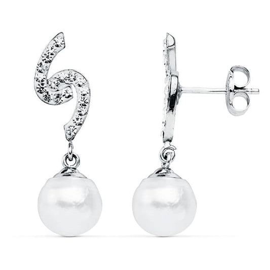 9K Pendientes Oro Blanco Perla 8 Mm 24X6 Mm Cierre Presion