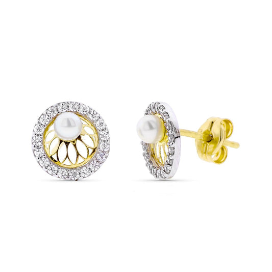 9K Pendientes Oro Bicolor Redondos Con Perla 3Mm Y Circonita 8 Mm Presion
