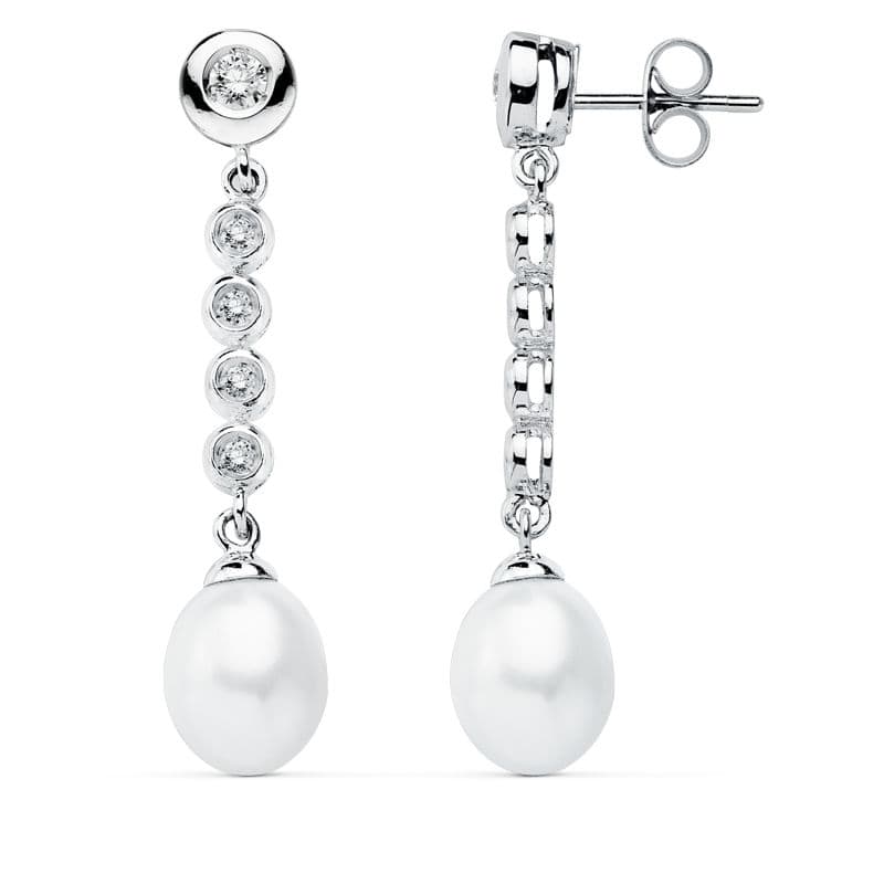 9K Pendientes Oro Blanco Perla 40X10 Mm Cierre Presion