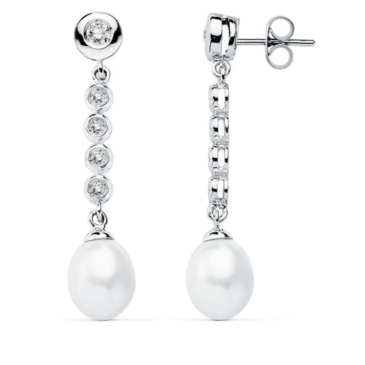 9K Pendientes Oro Blanco Perla 40X10 Mm Cierre Presion