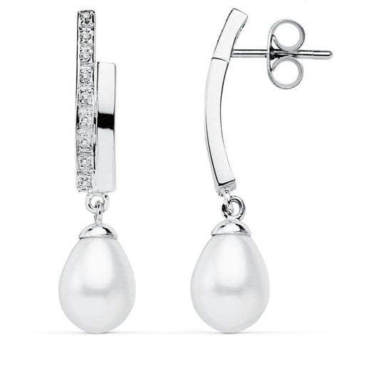 9K Pendientes Oro Blanco Perla 32X8 Mm Cierre Presion