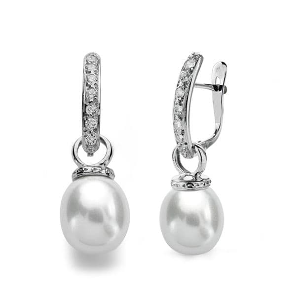 9K Pendientes Oro Blanco Perla 28X9 Mm Cierre Catalan