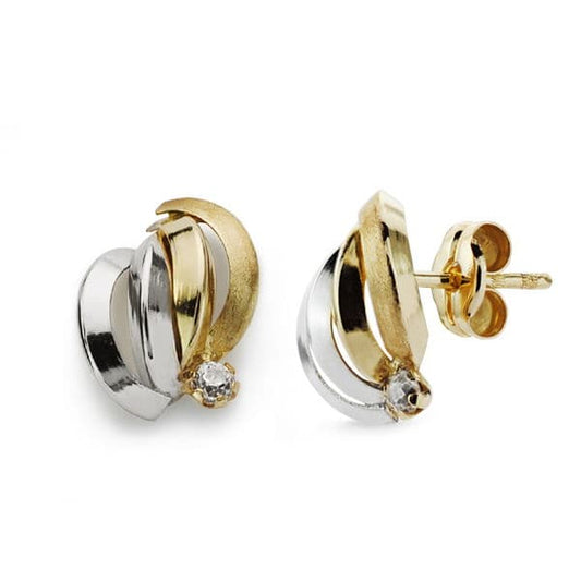 9K Pendientes Oro Bicolor Bandas Con Circonita 10X9 Mm Cierre Presion