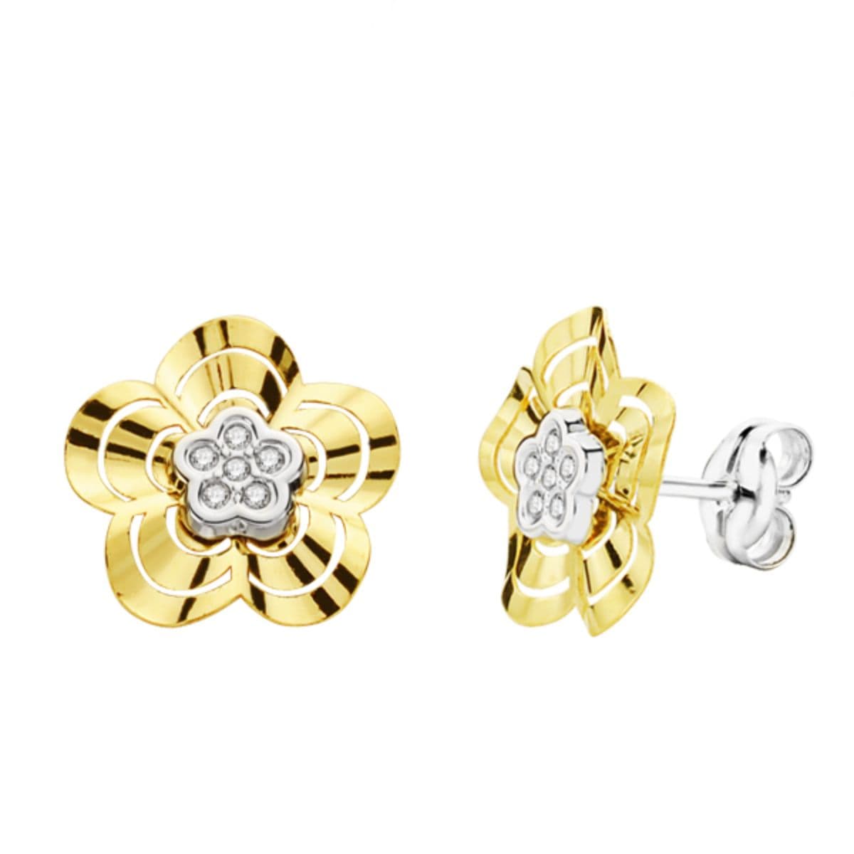 9K Pendientes Oro Bicolor Flor Circonita 10X10 Mm Cierre Presion