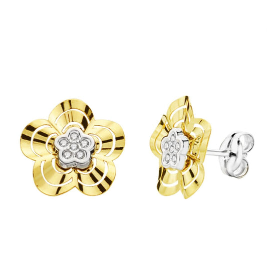 9K Pendientes Oro Bicolor Flor Circonita 10X10 Mm Cierre Presion
