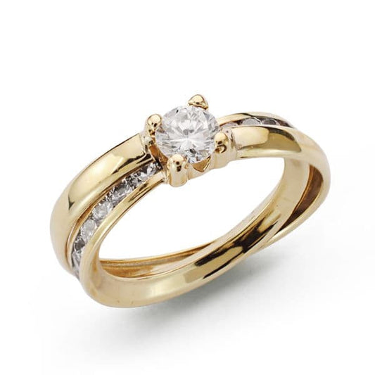 9K Solitario Oro Amarillo Bandas Con Circonitas En Carril Y Circonita Con Garras. Ancho: 5 Mm