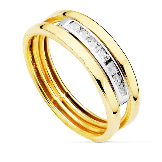 9K Sortija Oro Bicolor Doble Cuerpo Bandas Con Circonitas En Carril. Ancho: 6 Mm