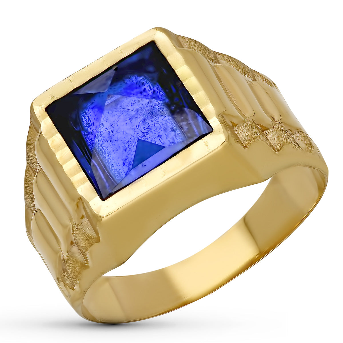 9K Sello Oro Amarillo Hueco Caballero Piedra Azul 9Mm