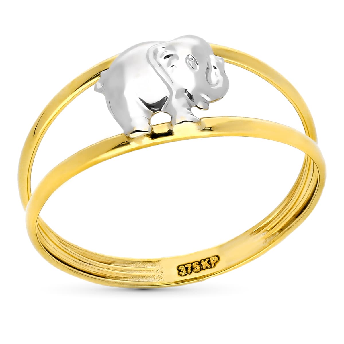 9K Sortija Oro Bicolor Doble Cuerpo Elefante. Ancho: 7,5 Mm