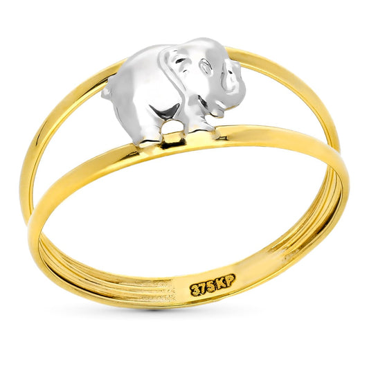 9K Sortija Oro Bicolor Doble Cuerpo Elefante. Ancho: 7,5 Mm