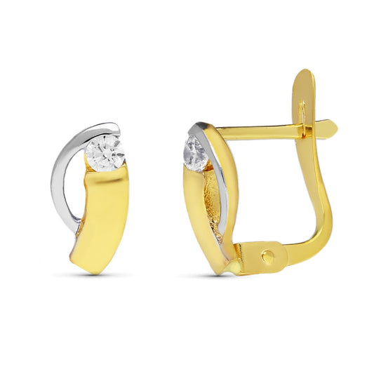 9K Pendientes Oro Bicolor Bandas Con Circonita 10X5 Mm Cierre Catalan
