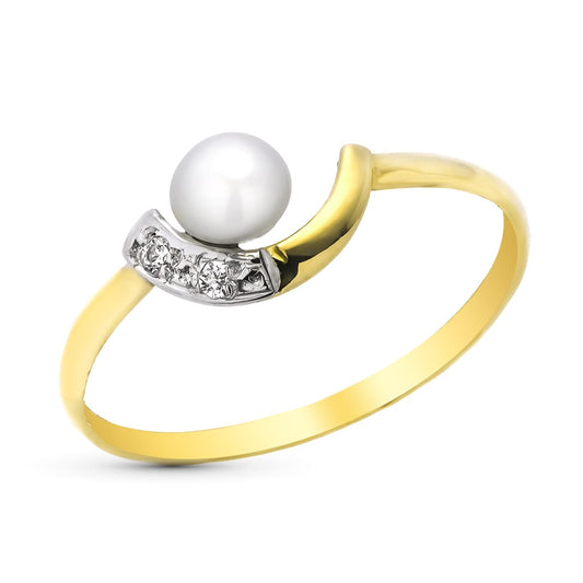 9K Sortija Oro Amarillo Con Perla De 4,5 Mm Y Circonitas. Ancho: 6,5 Mm
