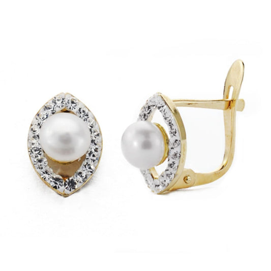 9K Pendientes Oro Amarillo Oval Con Circonita 10X7 Mm Perlas 4 Mm Cierre Catalan
