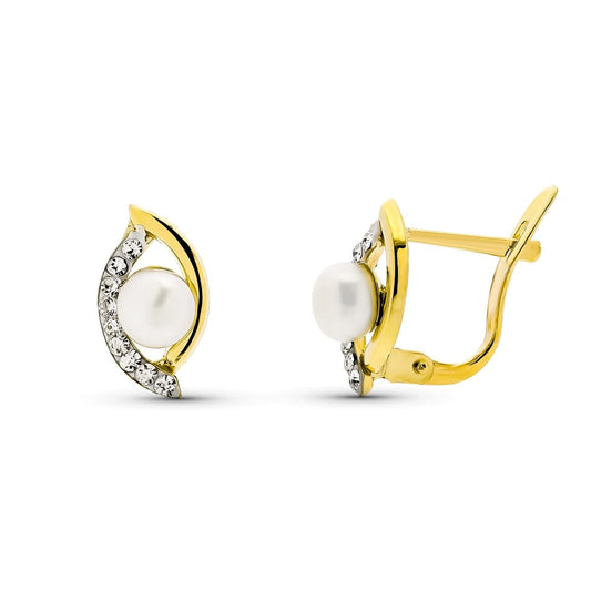 9K Pendientes Oro Amarillo Perla Y Circonita 12X6 Mm Catalan
