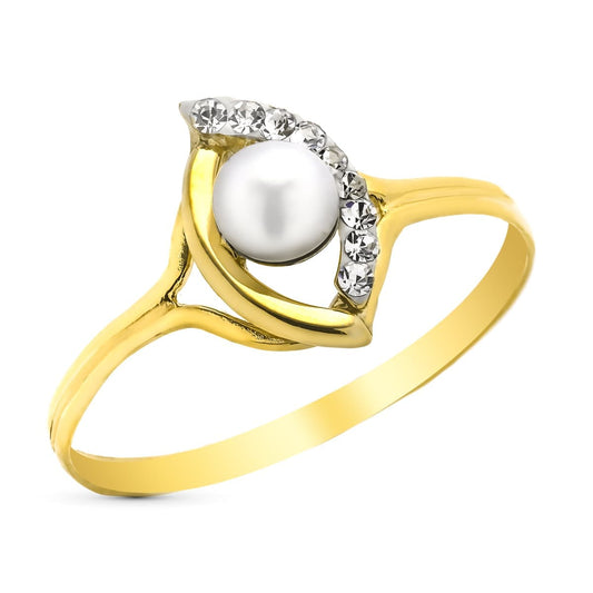 9K Sortija Oro Amarillo Con Perla Y Circonitas. Ancho: 11 Mm
