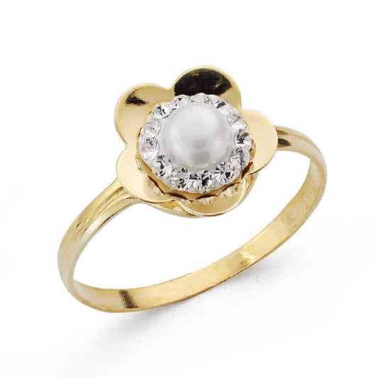 9K Sortija Oro Amarillo Flor Con Perla Y Circonitas. Ancho: 9,5 Mm