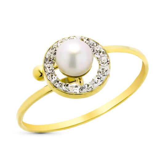 9K Sortija Oro Amarillo Ajustable Con Circonitas Y Perla De 4 Mm. Ancho: 8 Mm