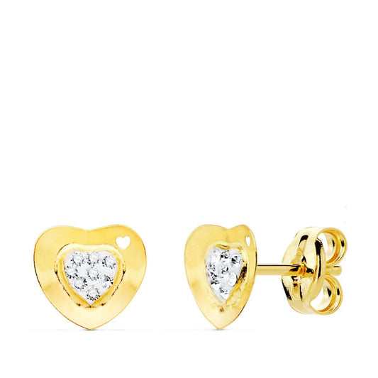 9K Pendientes Oro Amarillo Comunion Corazon Y Circonita 7X7 Mm Presion