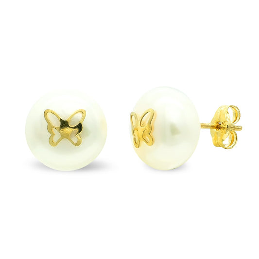 9K Pendientes Oro Amarillo Perla 9 Mm Mariposa Cierre Presion
